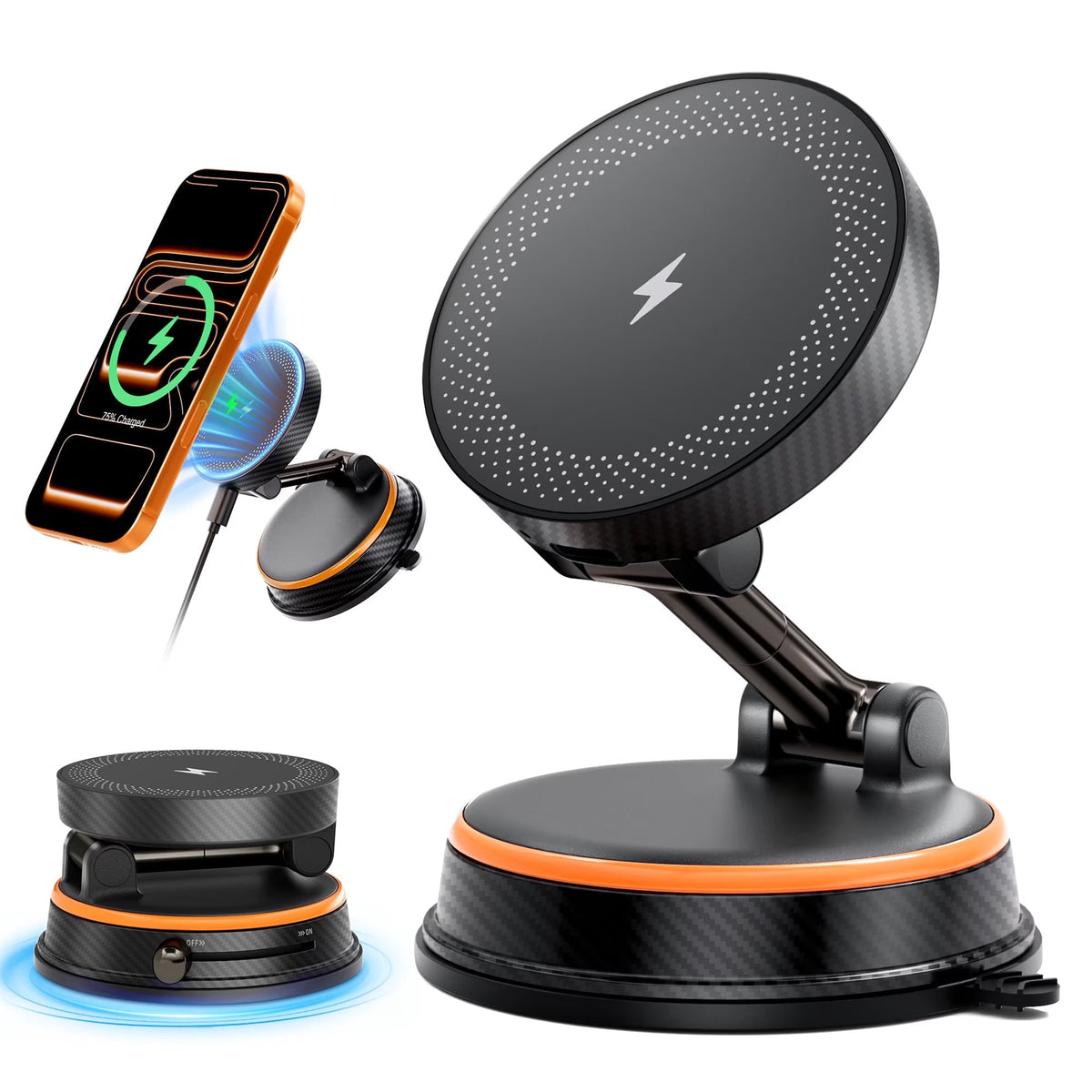 TECPHILE - 2 IN 1 360° Vacuum Magnetic Phone Holder with Wireless Charging