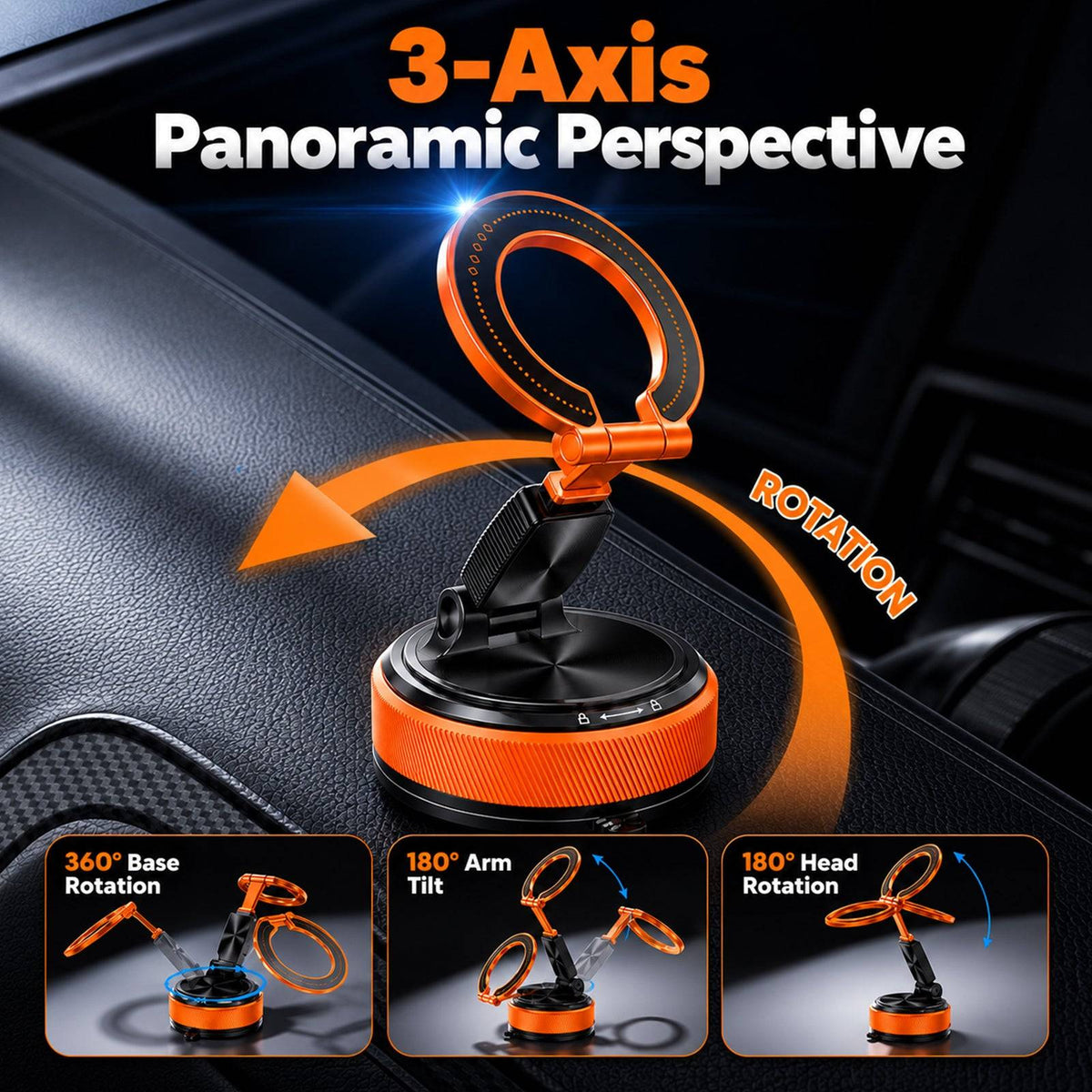 2 IN 1 360° Vacuum Magnetic Phone Holder for Car, MagSafe Compatible Mobile Stand, Detachable Ring, 360° Triple Axis Windshield Holder, N52 Strong Magnet Compatible with iPhone & All Smartphones