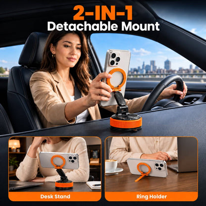 2 IN 1 360° Vacuum Magnetic Phone Holder for Car, MagSafe Compatible Mobile Stand, Detachable Ring, 360° Triple Axis Windshield Holder, N52 Strong Magnet Compatible with iPhone & All Smartphones
