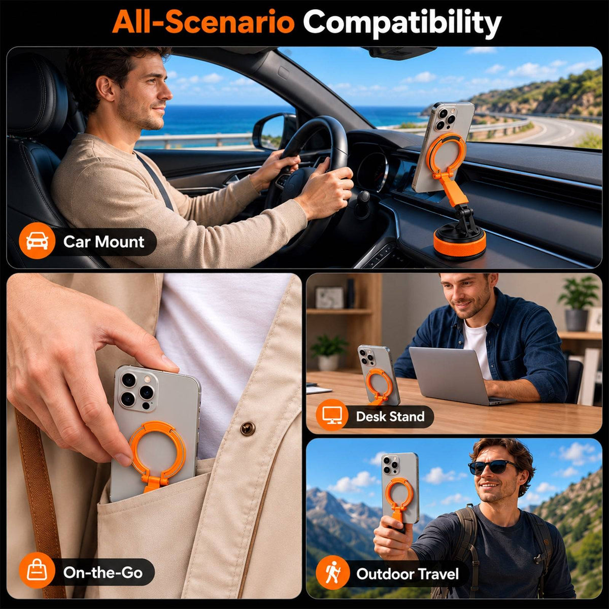 2 IN 1 360° Vacuum Magnetic Phone Holder for Car, MagSafe Compatible Mobile Stand, Detachable Ring, 360° Triple Axis Windshield Holder, N52 Strong Magnet Compatible with iPhone & All Smartphones