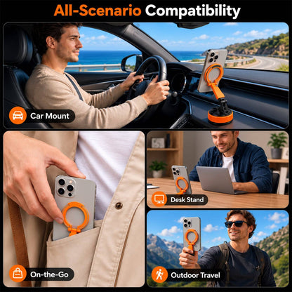2 IN 1 360° Vacuum Magnetic Phone Holder for Car, MagSafe Compatible Mobile Stand, Detachable Ring, 360° Triple Axis Windshield Holder, N52 Strong Magnet Compatible with iPhone & All Smartphones