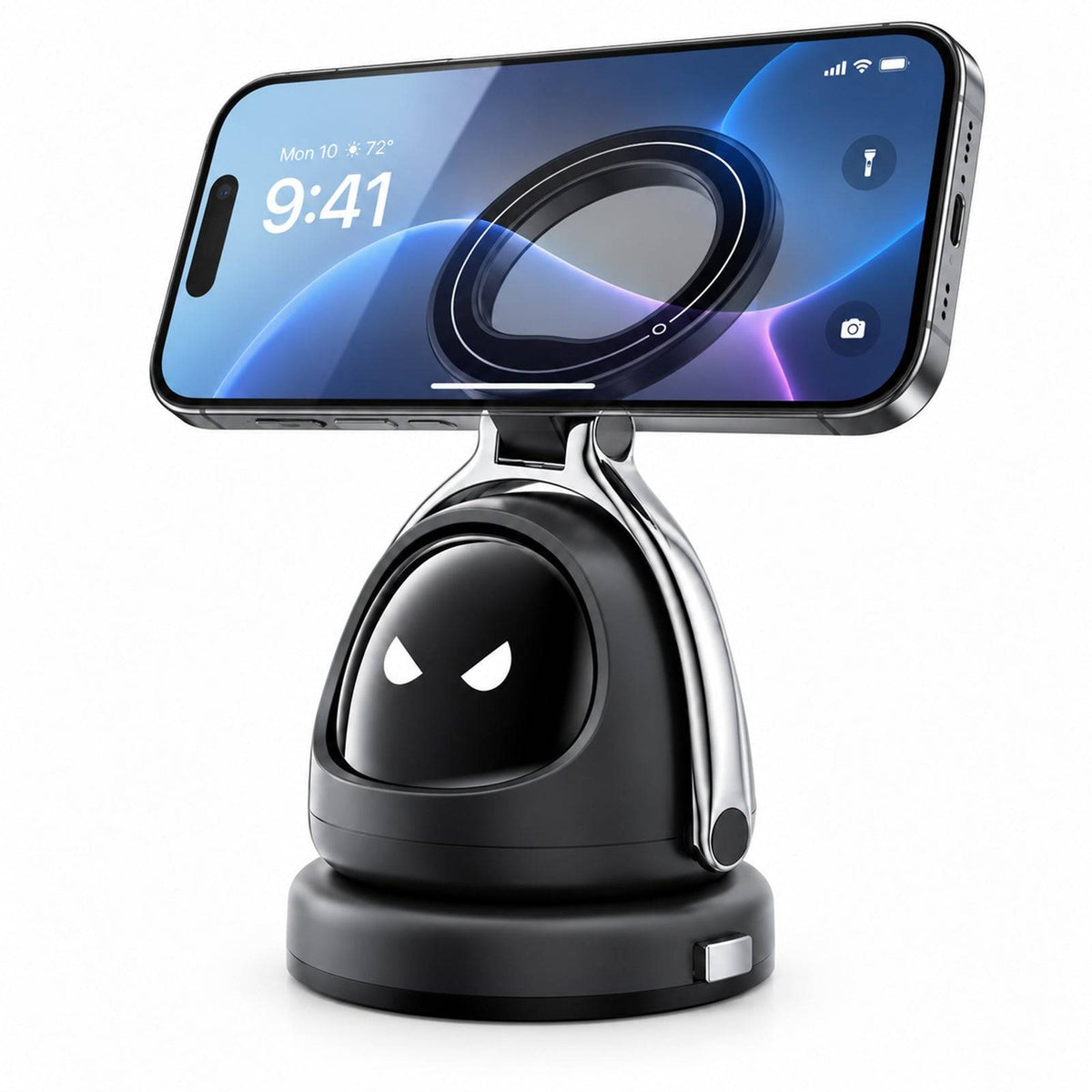 Black magnetic vacuum car phone holder with rotating face and detachable base holding a smartphone in landscape orientation