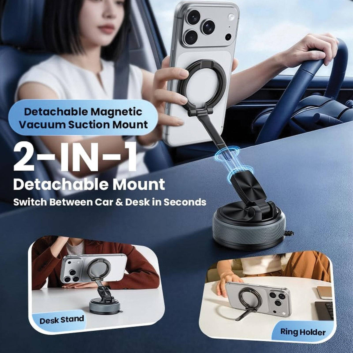 2 IN 1 360° Vacuum Magnetic Phone Holder for Car, MagSafe Compatible Mobile Stand, Detachable Ring, 360° Triple Axis Windshield Holder, N52 Strong Magnet Compatible with iPhone & All Smartphones