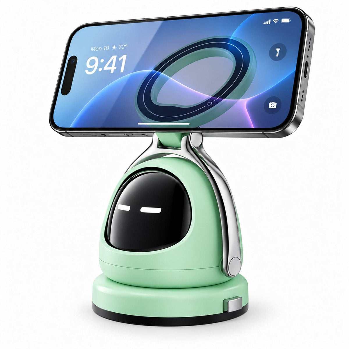 White magnetic vacuum car phone holder with rotating face and detachable base holding a smartphone in landscape orientation