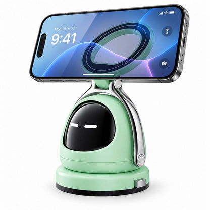 White magnetic vacuum car phone holder with rotating face and detachable base holding a smartphone in landscape orientation