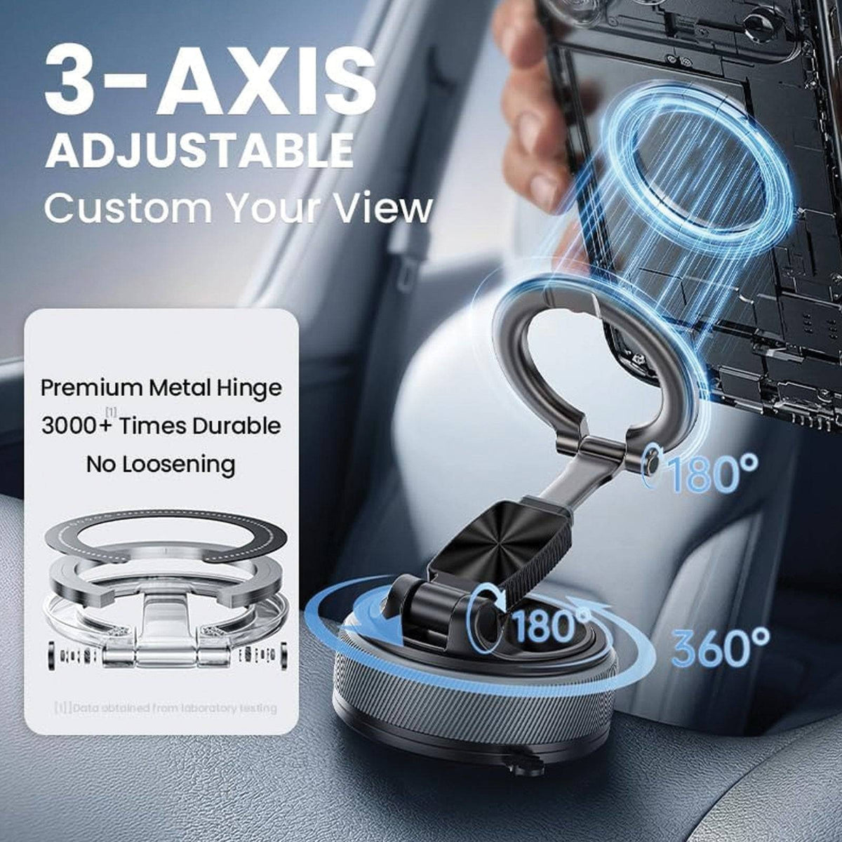 2 IN 1 360° Vacuum Magnetic Phone Holder for Car, MagSafe Compatible Mobile Stand, Detachable Ring, 360° Triple Axis Windshield Holder, N52 Strong Magnet Compatible with iPhone & All Smartphones
