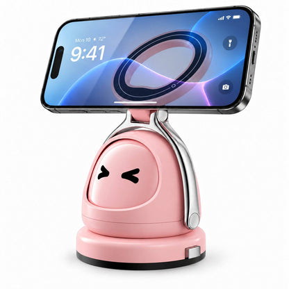 Silver magnetic vacuum car phone holder with rotating face and detachable base holding a smartphone in landscape orientation