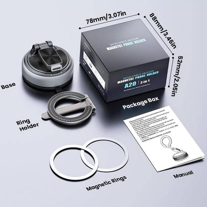 2 IN 1 360° Vacuum Magnetic Phone Holder for Car, MagSafe Compatible Mobile Stand, Detachable Ring, 360° Triple Axis Windshield Holder, N52 Strong Magnet Compatible with iPhone & All Smartphones