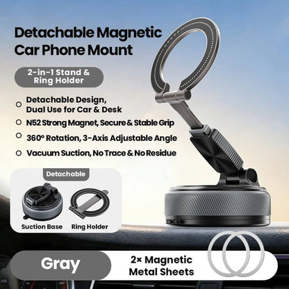 2 IN 1 360° Vacuum Magnetic Phone Holder for Car, MagSafe Compatible Mobile Stand, Detachable Ring, 360° Triple Axis Windshield Holder, N52 Strong Magnet Compatible with iPhone & All Smartphones