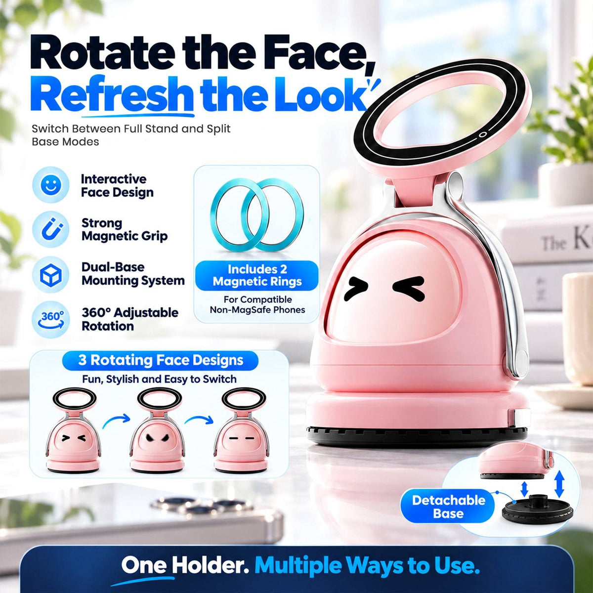 portable car phone holder with a detachable magnetic base, 360-degree rotation, and customizable face for daily use