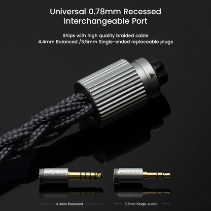 Moondrop Harmon 3 IEM interchangeable 0.78mm port with 4.4mm balanced and 3.5mm single-ended plugs for versatile connectivity.