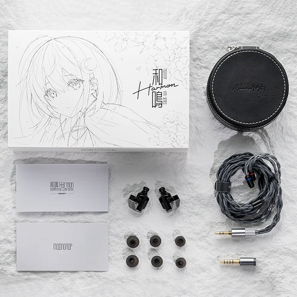 Complete Moondrop Harmon 3 IEM package including earphones, braided cable, ear tips, user manuals, and premium carrying case.