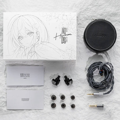 Complete Moondrop Harmon 3 IEM package including earphones, braided cable, ear tips, user manuals, and premium carrying case.