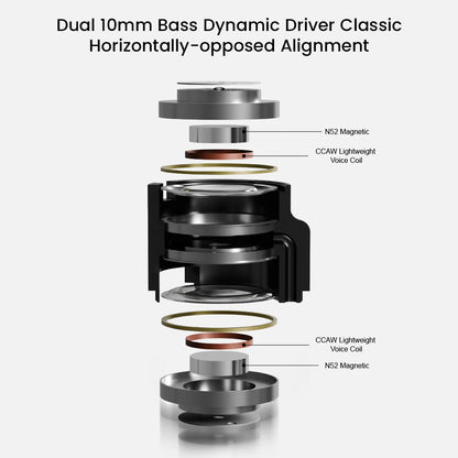 Moondrop Harmon 3 IEM dual 10mm bass driver assembly with horizontally-opposed alignment for deep, distortion-free low-end sound.