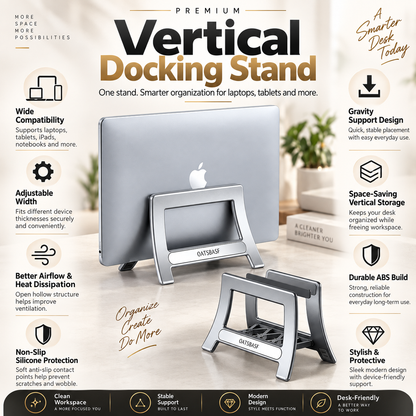 a silver vertical docking stand for laptops and tablets, with a modern, space-saving design for desk efficiency