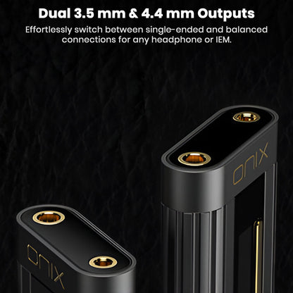Extreme close-up of the top of two black ONIX audio devices, focusing on the dual gold-plated headphone outputs: one 3.5 mm single-ended and one 4.4 mm balanced. The text overlay reads: "Dual 3.5 mm & 4.4 mm Outputs" for versatile headphone/IEM connections.