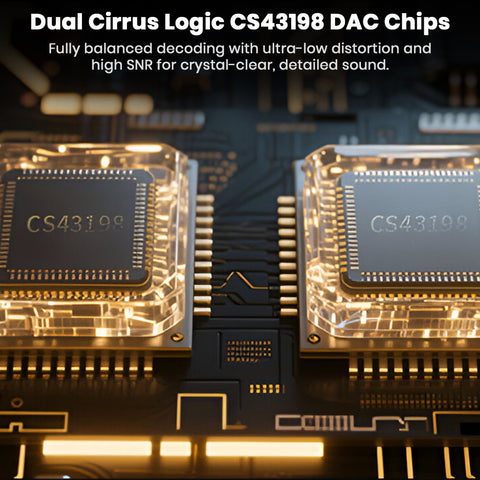 An extreme close-up, illuminated shot of two Cirrus Logic CS43198 DAC chips mounted on a circuit board, glowing brightly. The text overlay emphasizes: "Dual Cirrus Logic CS43198 DAC Chips" for balanced, low-distortion decoding.