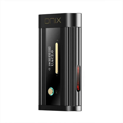 A straight-on, white background product shot of the black ONIX portable audio device, showing its front display, control button with a light ring, and a translucent side window with a faint red glow.