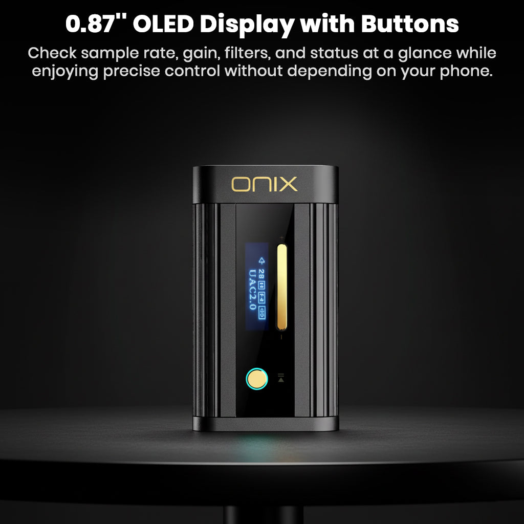 Close-up of the black ONIX portable audio device showing its small 0.87" OLED Display and control buttons. The screen displays 'UAC2.0' and audio status icons, with text overlay highlighting: "0.87" OLED Display with Buttons" for precise, phone-independent control.