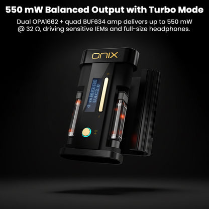 The black ONIX audio device, angled to show its internal components glowing orange-red, representing the Turbo Mode. Text overlay states: "550 mW Balanced Output with Turbo Mode," driven by dual OPA1662 and quad BUF634 amps for powerful headphone driving.