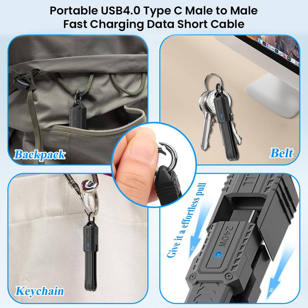 TECPHILE USB4.0 Type C Cable with keychain attachment, ideal for backpacks, belts, and keyrings for easy portability and quick access.