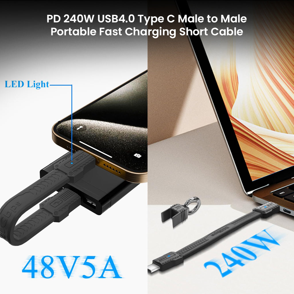 TECPHILE PD240W USB4.0 Type C Cable enables 48V5A fast charging, shown connected to phone and laptop for high-speed power delivery.