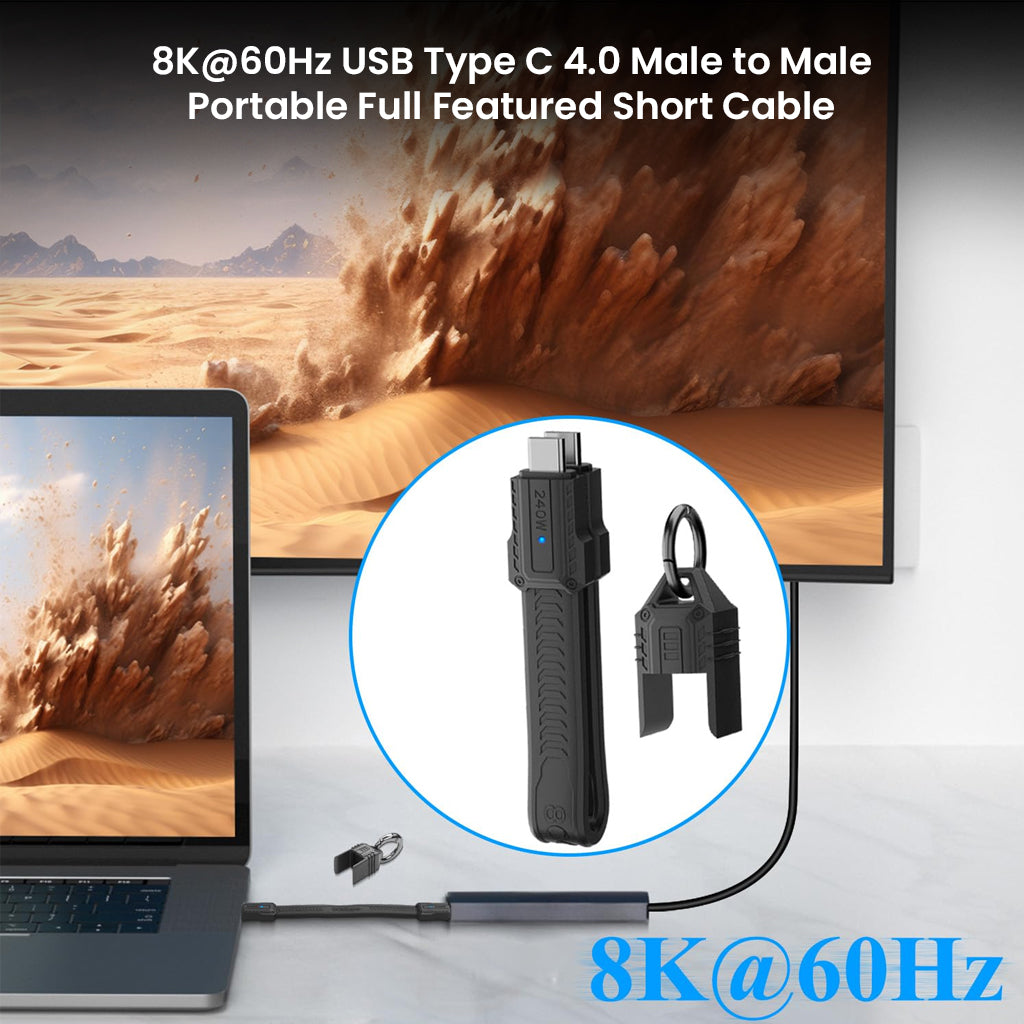 TECPHILE 8K@60Hz USB4.0 Type C Cable connects laptop to monitor, delivering ultra HD video output and high-speed data transfer.