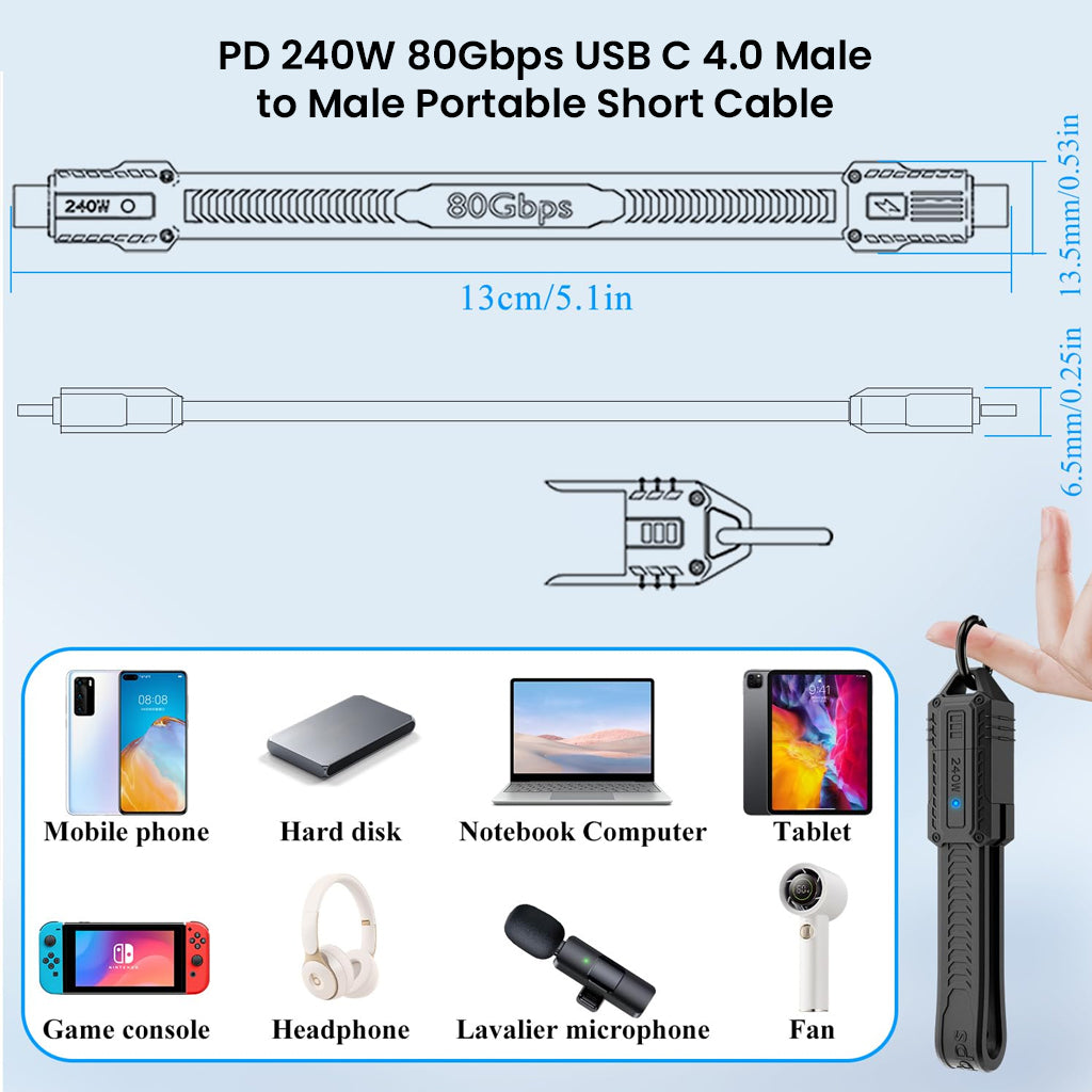 TECPHILE 13CM USB4.0 Type C Cable with 80Gbps speed and 240W power, compatible with phones, tablets, laptops, and more.