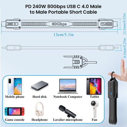 TECPHILE 13CM USB4.0 Type C Cable with 80Gbps speed and 240W power, compatible with phones, tablets, laptops, and more.