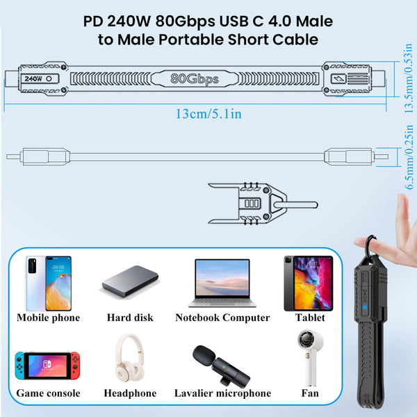 TECPHILE - PD240W 80Gbps Type C Male to Type C Male FPC Cable (13CM) - 6