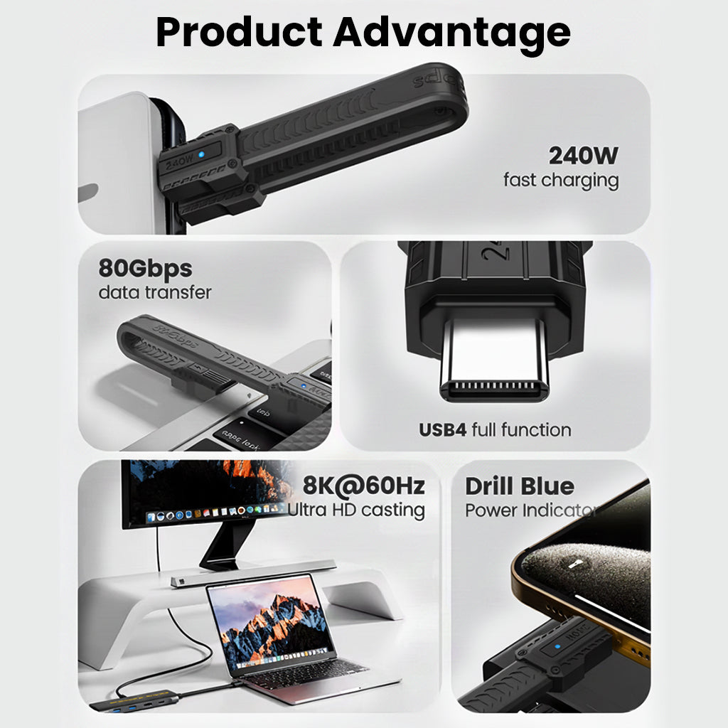 TECPHILE 240W USB4.0 Type C Cable supports 80Gbps transfer, 8K@60Hz video output, and full USB4 functionality with LED power indicator.