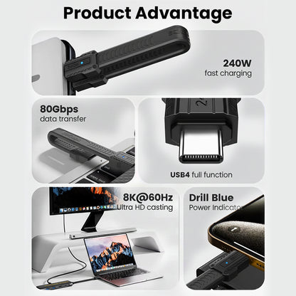 TECPHILE 240W USB4.0 Type C Cable supports 80Gbps transfer, 8K@60Hz video output, and full USB4 functionality with LED power indicator.