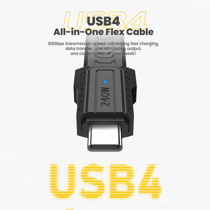 TECPHILE USB4 All-in-One Flex Cable with 240W power and 80Gbps speed, designed for fast charging, data transfer, and HD output.