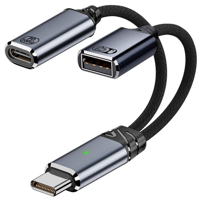 TECPHILE OTG Splitter Cable - Dual USB with 100W PD and USB-A port for fast charging and data transfer, 13cm braided design for durability.