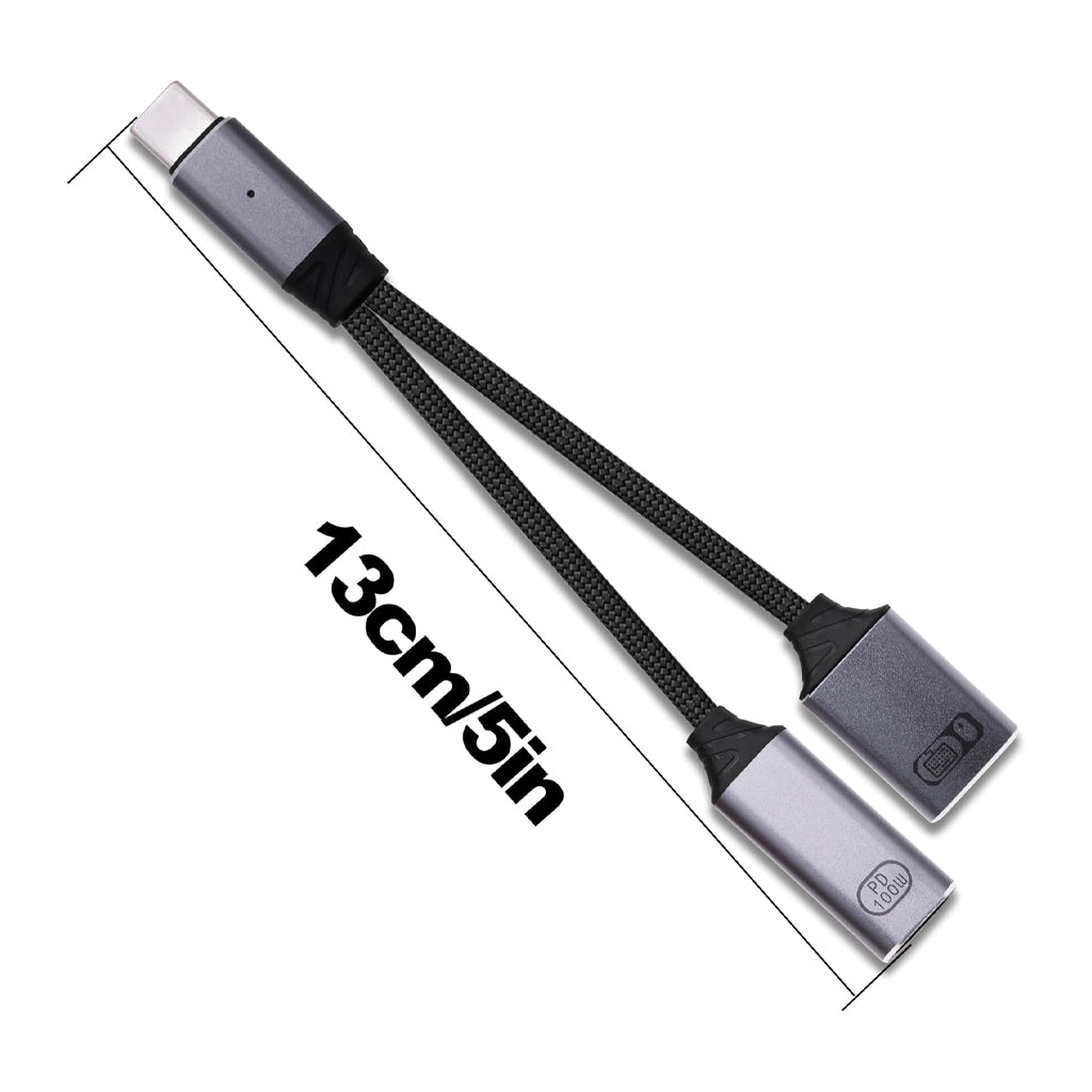 TECPHILE OTG Splitter Cable with 13cm length, featuring dual USB-A and USB-C female ports for compact and efficient connectivity.