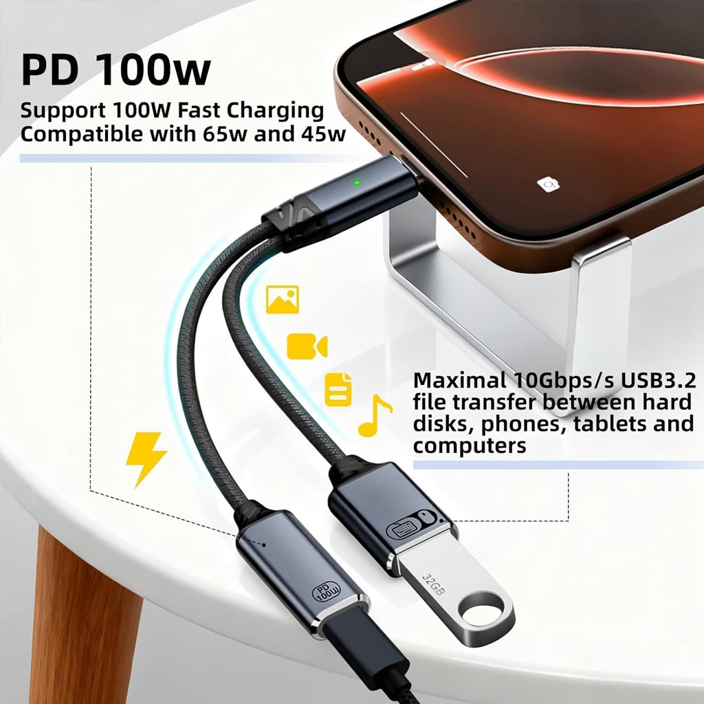TECPHILE OTG Splitter Cable connected to a smartphone, supporting 100W PD fast charging and 480Mbps USB-A data transfer for multitasking.