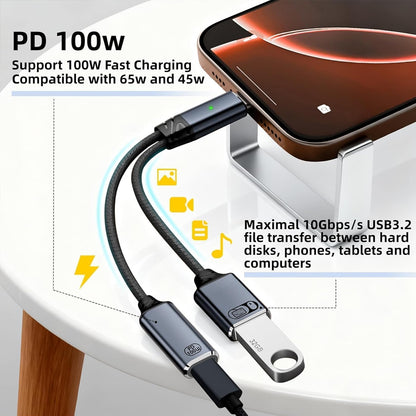 TECPHILE OTG Splitter Cable connected to a smartphone, supporting 100W PD fast charging and 480Mbps USB-A data transfer for multitasking.