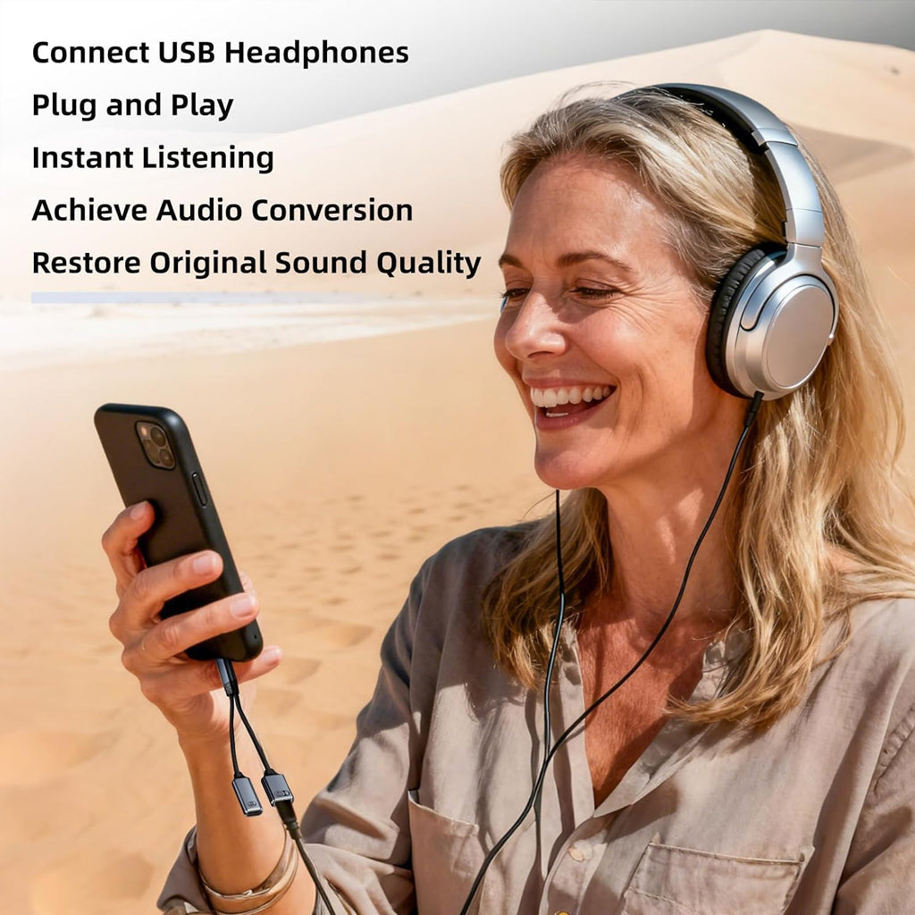 Woman using TECPHILE OTG Splitter Cable with USB headphones for plug-and-play audio, showcasing instant listening and sound quality restoration.