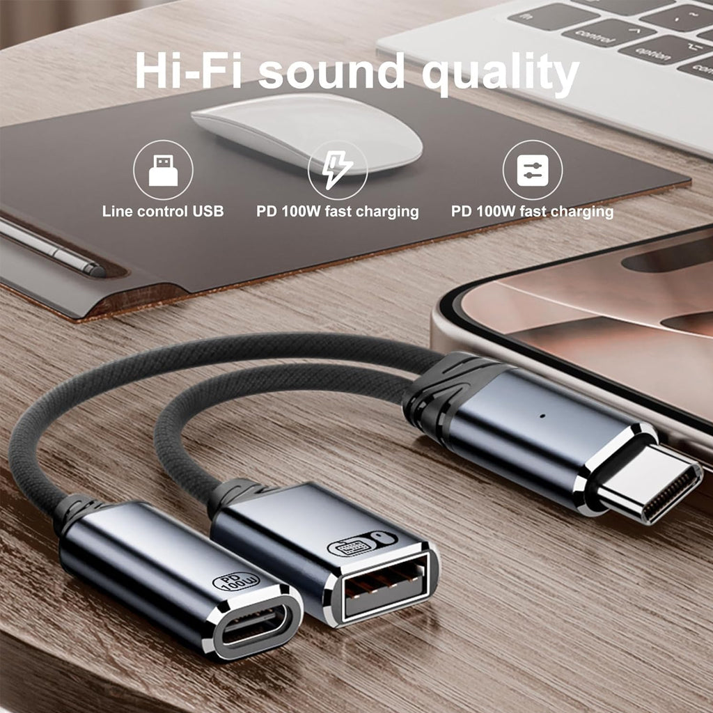 TECPHILE OTG Splitter Cable on desk setup, highlighting Hi-Fi sound quality and dual USB support for charging and USB device connectivity.