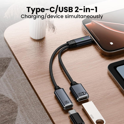 TECPHILE 2-in-1 USB-C OTG Splitter Cable charging a phone and connecting a USB flash drive simultaneously, ideal for multitasking.