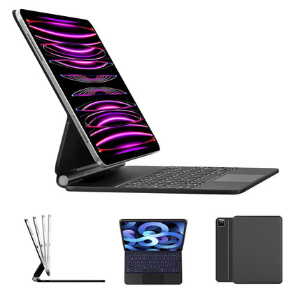 MK-M7112 Magic keyboard case for Xiaomi Pad 7 / 7 Pro 11.2” with floating cantilever stand and backlit keys, shown in side and front views.