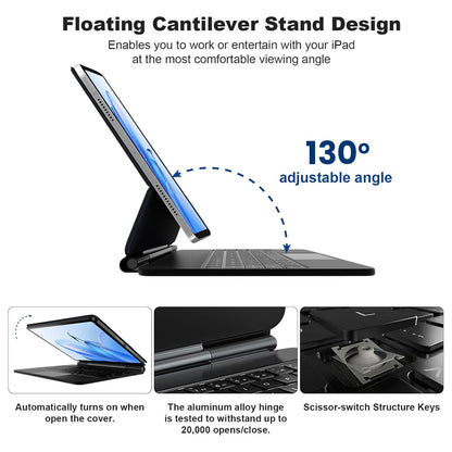 Floating cantilever stand design of MK-M7112 Magic keyboard case with 130° adjustable angle and durable aluminum hinge for Xiaomi Pad 7.