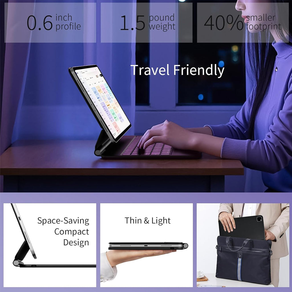 Travel-friendly MK-M7112 Magic keyboard case with slim 0.6-inch profile, 1.5-pound weight, and compact design for Xiaomi Pad 7 / 7 Pro.