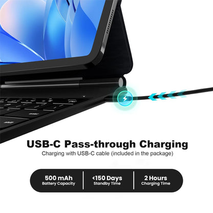 USB-C pass-through charging on MK-M7112 Magic keyboard case with 500mAh battery, 2-hour charge time, and 150-day standby for Xiaomi Pad 7.