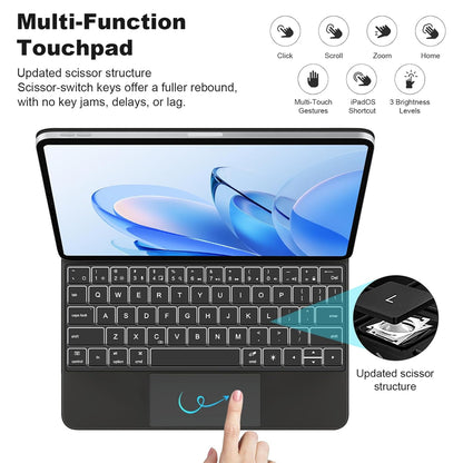 Multi-function touchpad on MK-M7112 Magic keyboard case with scissor-switch keys and gesture support for Xiaomi Pad 7 / 7 Pro.