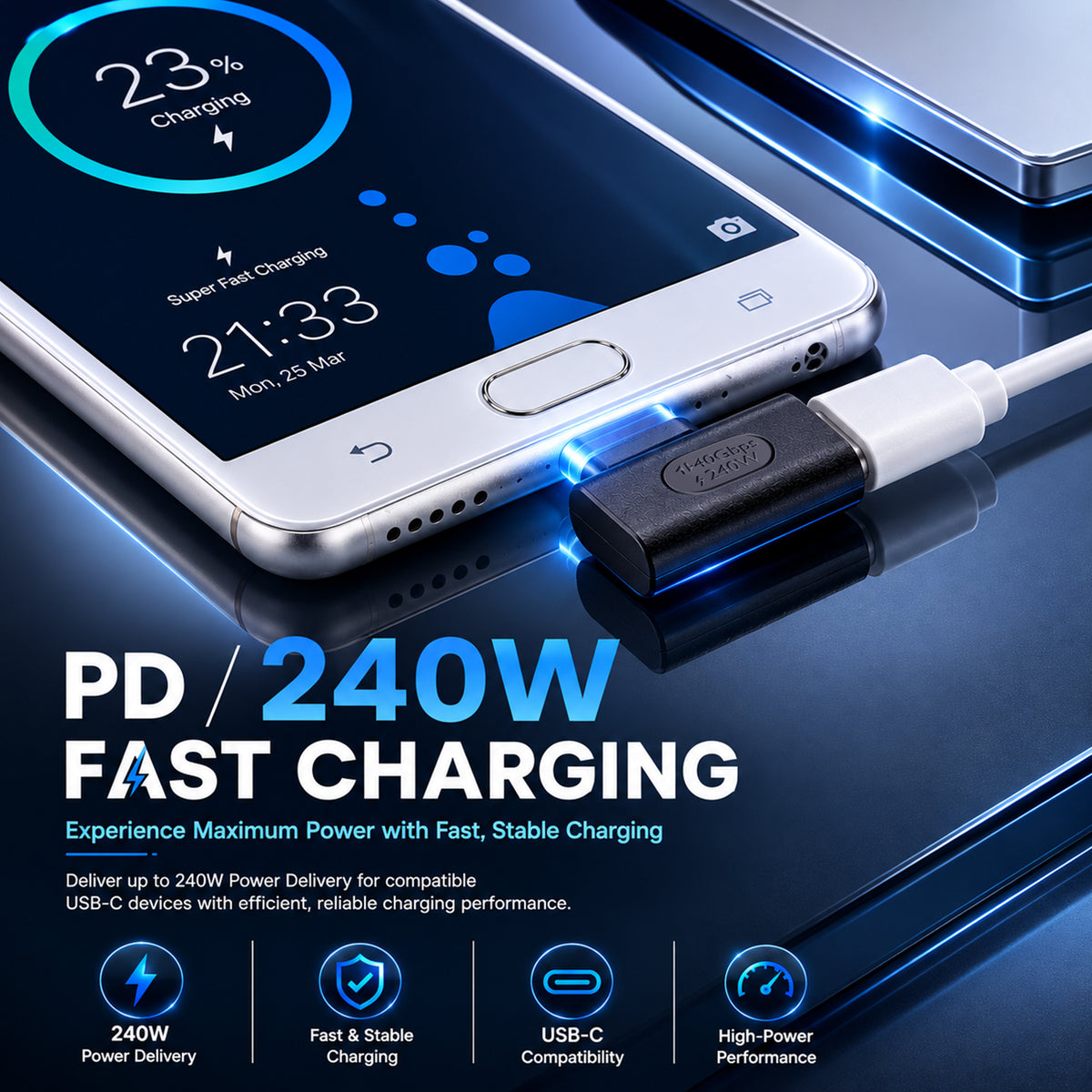 Close-up of a smartphone displaying 23% charging with a blue circular progress indicator, highlighting fast charging capability.