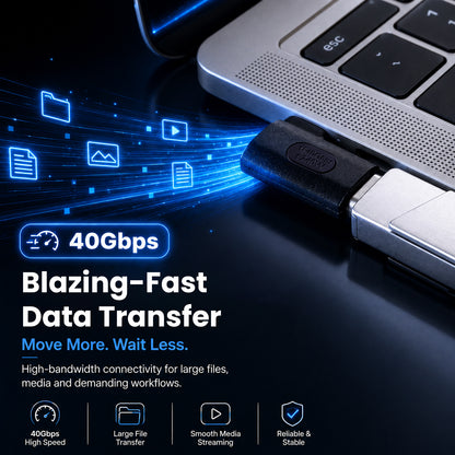 Laptop with a USB-C adapter connected, emphasizing high-speed data transfer of 40Gbps with glowing blue effects.