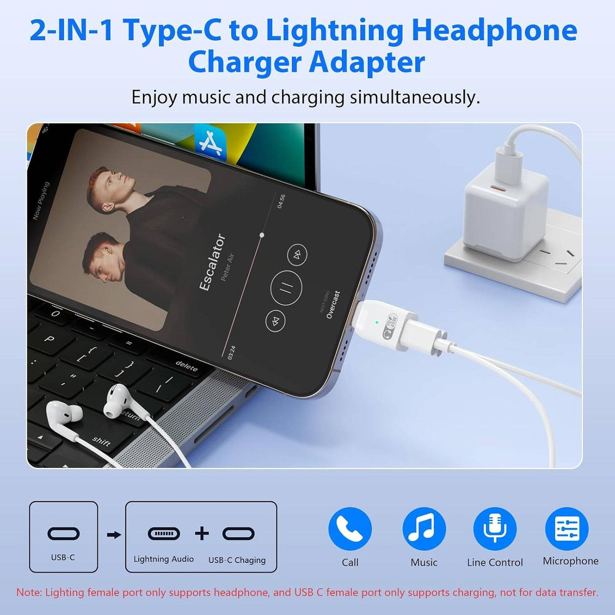 TECPHILE- 2-in-1 Type-C to Lightning Headphone Adapter with 45W Fast Charging