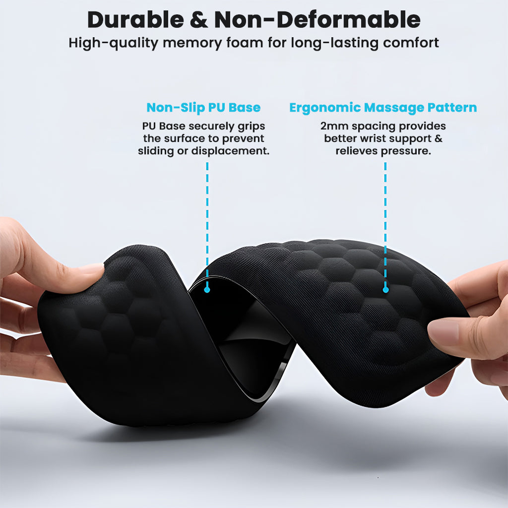 Durable TECPHILE memory foam wrist rests with non-slip PU base and ergonomic massage pattern for long-lasting typing comfort.