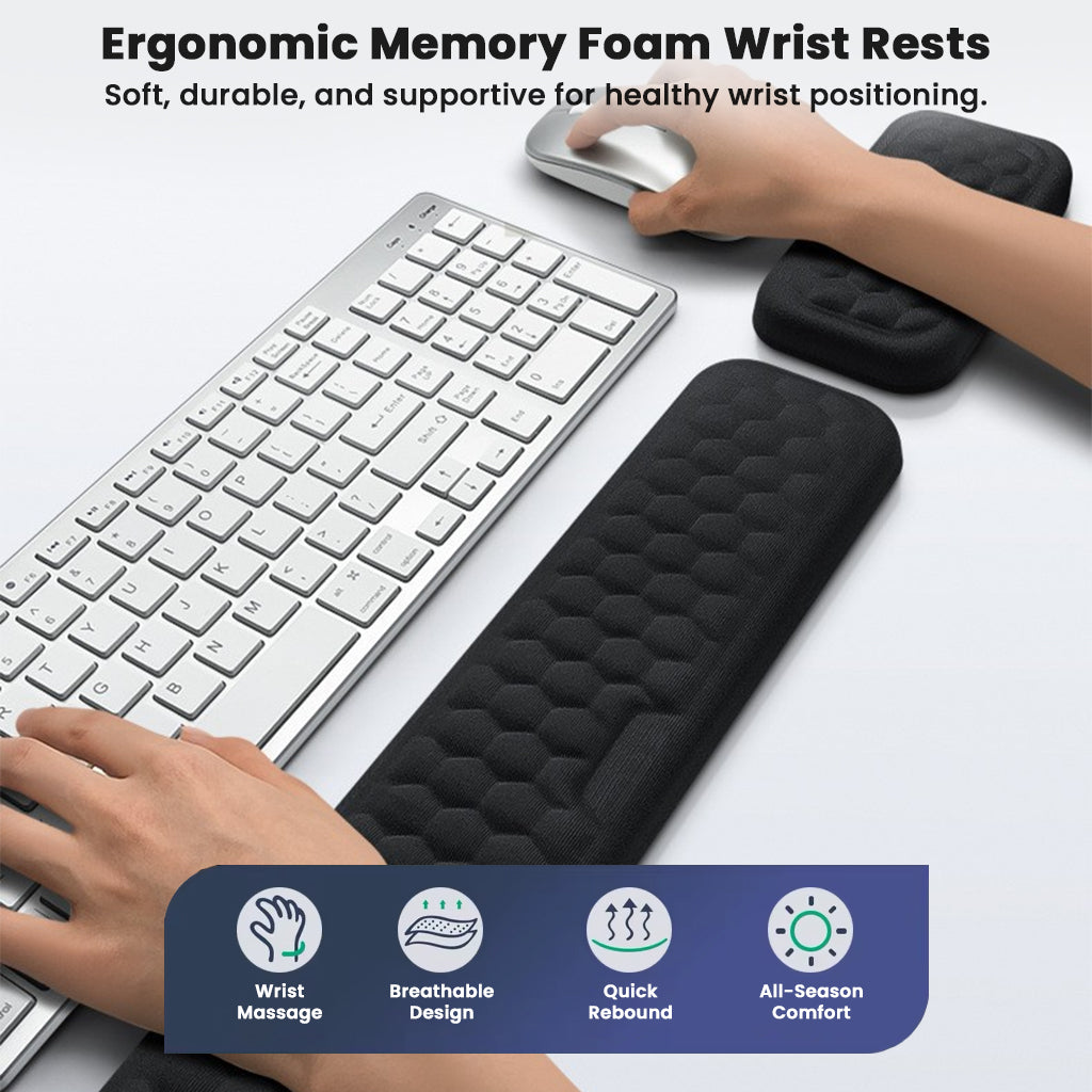 Ergonomic TECPHILE memory foam wrist rests provide wrist massage, breathable comfort, and healthy positioning for keyboard and mouse use.